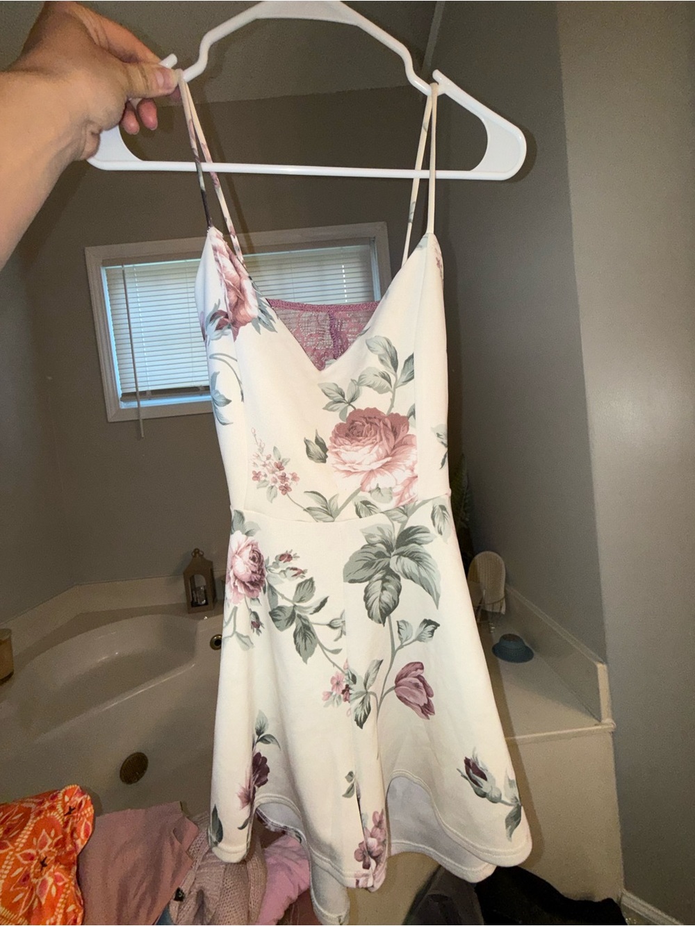 Floral White & Dusty Rose Spaghetti Strap Dress